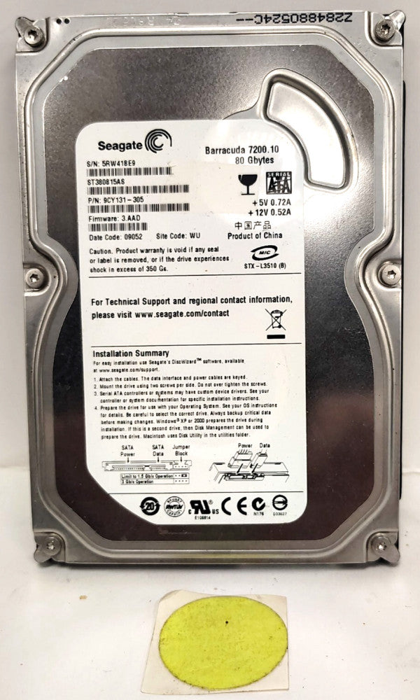 SEAGATE HARD DISK DRIVE 80.0 GB CAPACITY 5V-0.72A/12V-0.52A 9CY131-305