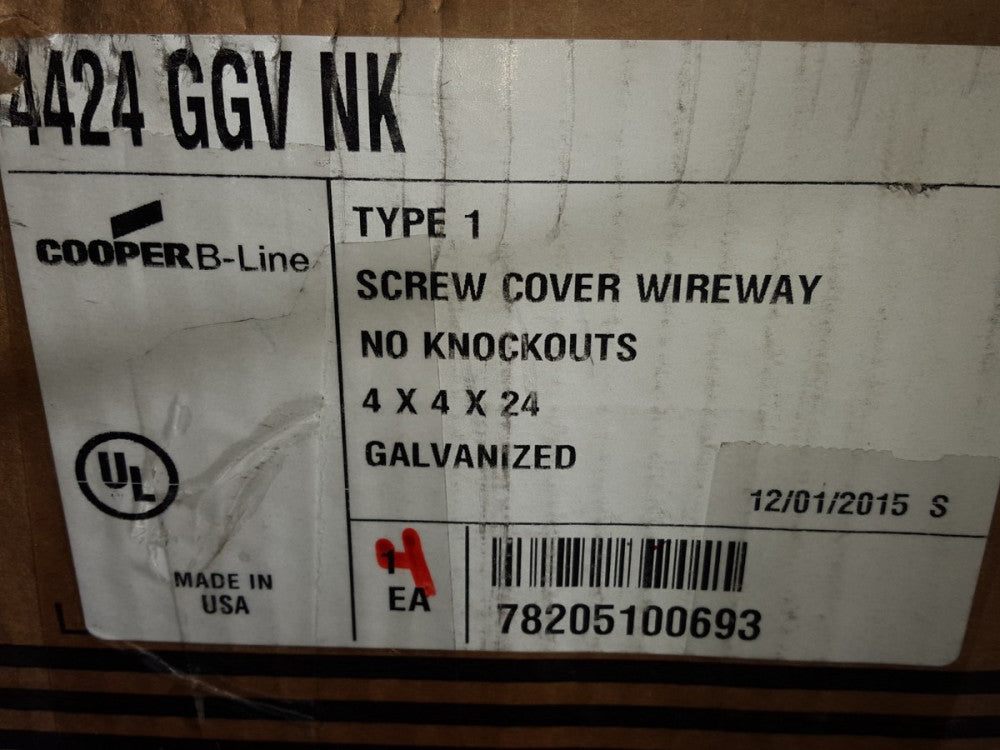 (4) Cooper B-Line 4424GGVNK Wireway, Type 1 Screw Cover, 4" x 4" x 24" GAVANIZED