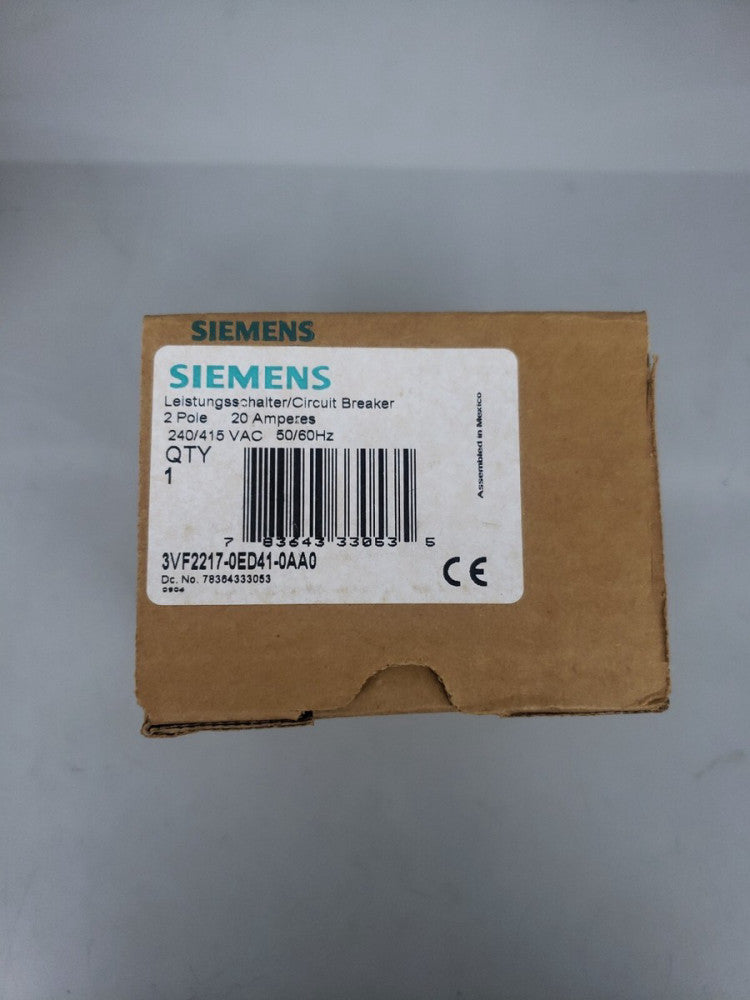1 NEW SIEMENS 3VF2217-0ED41-0AA0 CIRCUIT BREAKER 2 POLE 20 AMP 240/415V VF100 