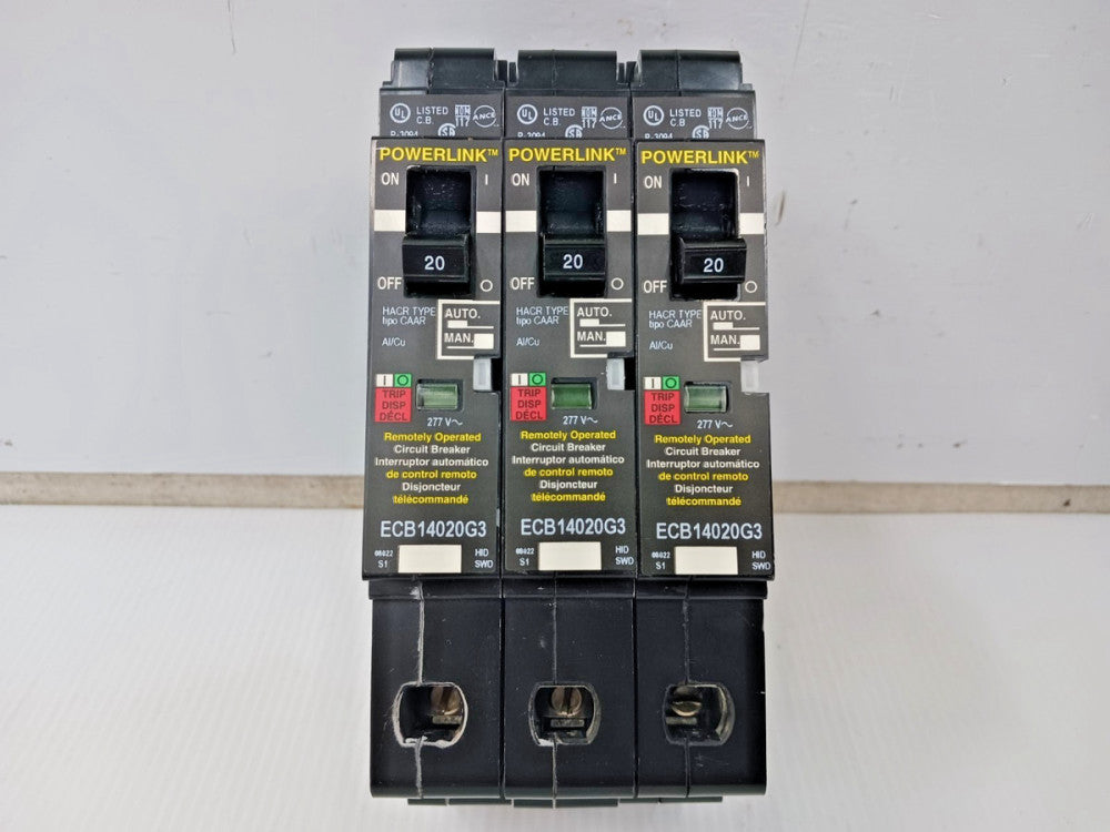 Lot Of 3) Square D Powerlink 20 Amp Bolt-On Circuit Breaker 1P 277V ECB14020G3