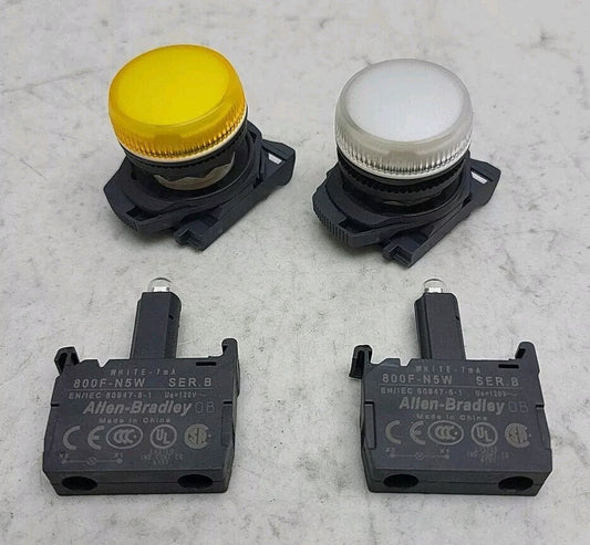 2 Pack Allen Bradley 800F-N5R LED Module White & Yellow Pilot Light Latch Mount