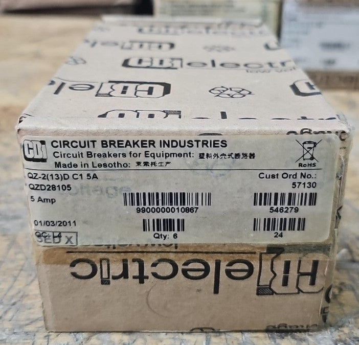 1) Box of 6 CBI 5A Circuit Breakers QZD28105 2 Pole Units 