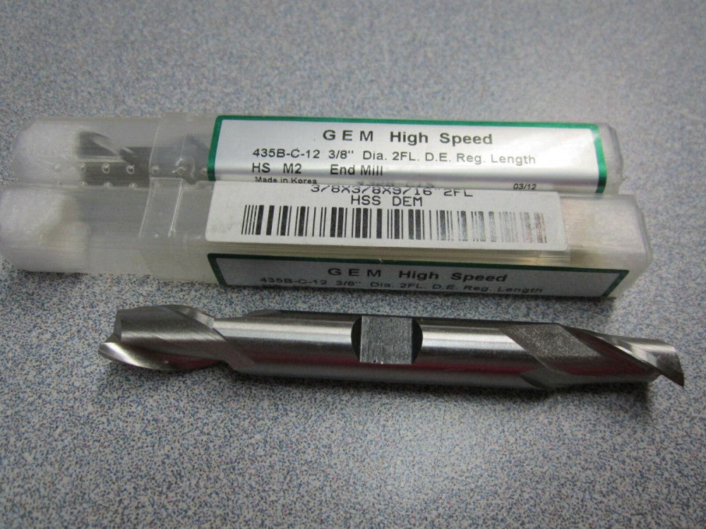 (2) GEM 435B-C-12 Double End Mills M2 2FL 3/8 x 3/8 x 5/8 x 3-9/64" 