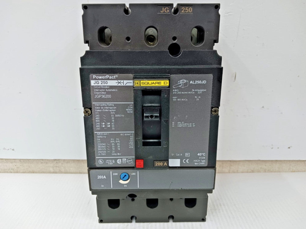 Square D PowerPact 200 Amp Circuit Breaker 3 Pole 600 VAC / 250 VDC JGP36200