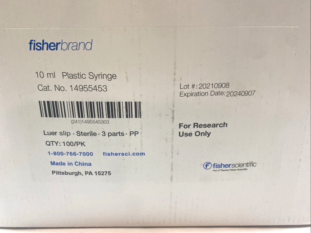 Fisher Scientific 14955453 10 mL Luer Slip Syringe Sterile Disposable PKG OF 87