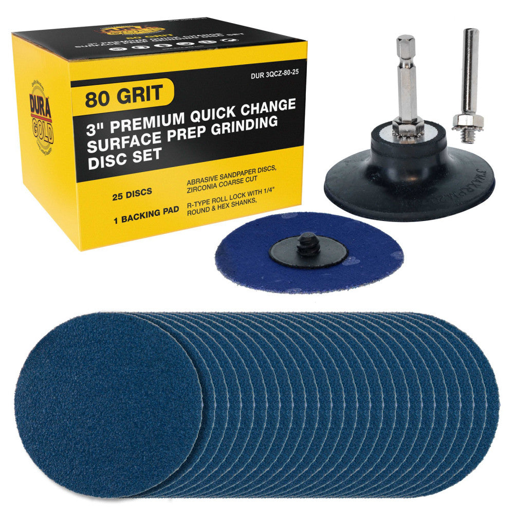 Dura-Gold 3" 80 Grit Quick Change Surface Prep Grinding Disc Set, 25 Discs, Pad