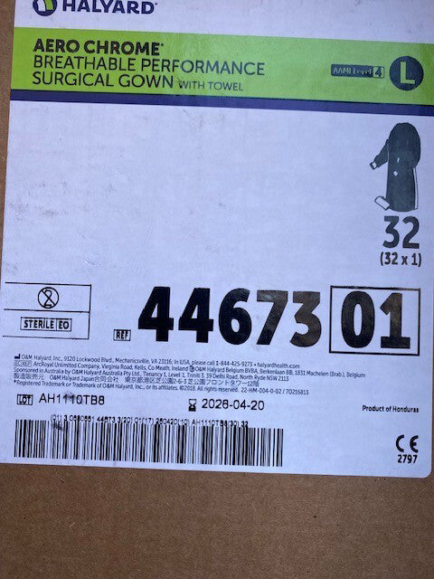 (Case of 32) Halyard AERO CHROME Breathable Surgical Gown, Large AAMI Level 4