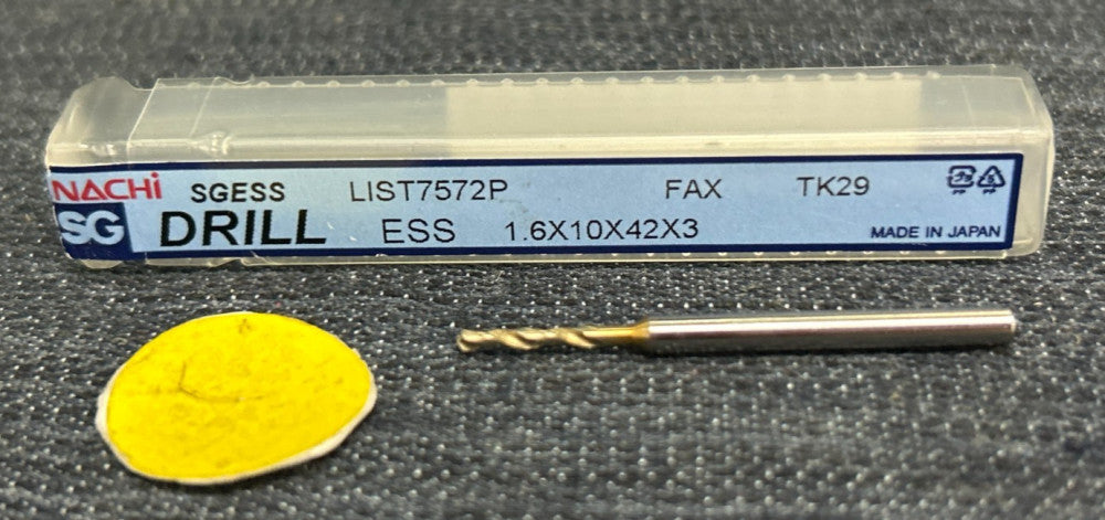 NACHI SGESS  2 FLUTE  DRILL BIT L7572P  1.6 X 10 X 42 X 3