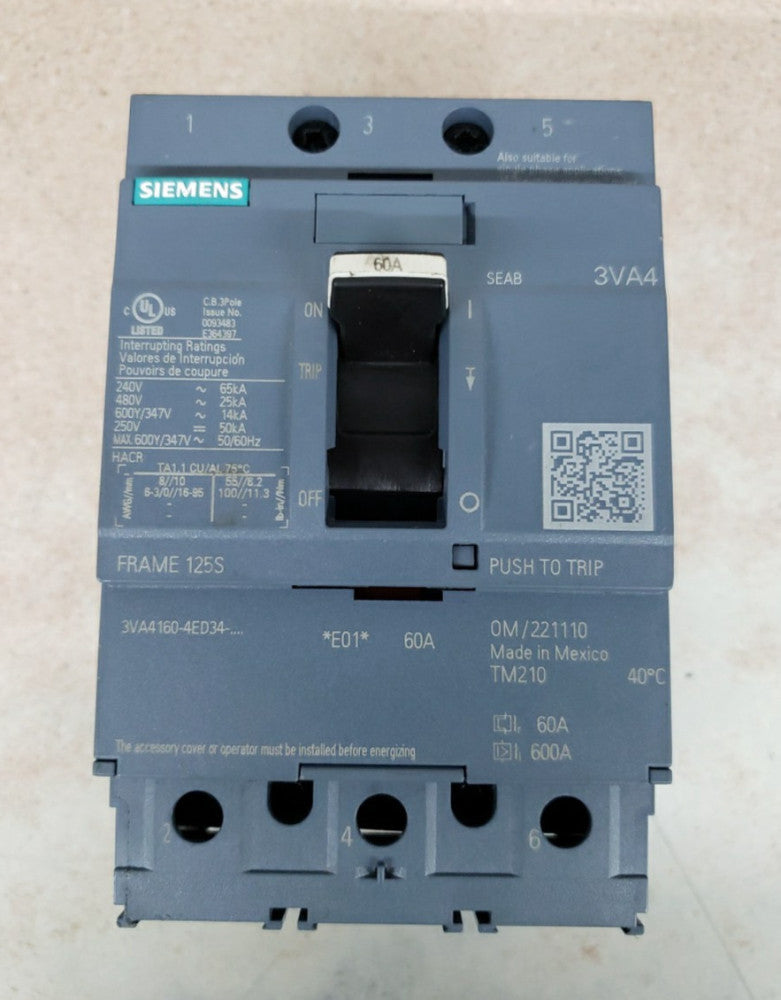 Siemens 3VA4160-4ED34-0AA0 Bolt-On Circuit Breaker 60A 600Y/347V 3P 3PH 3VA4 NTO