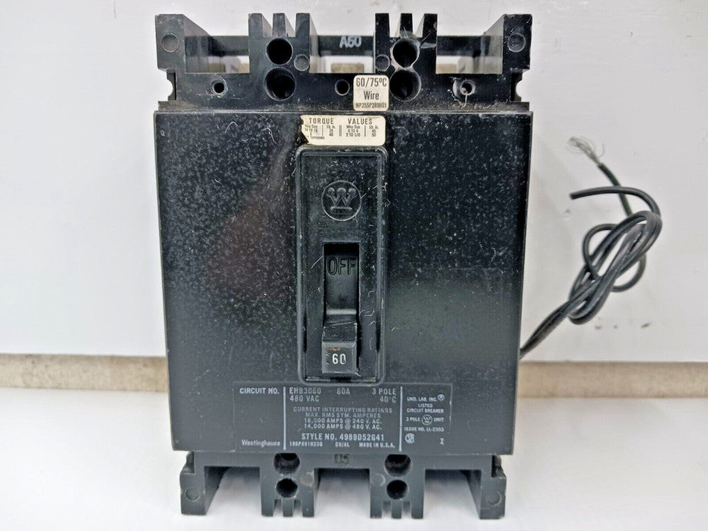 WESTINGHOUSE 60 AMP CIRCUIT BREAKER 3 POLE 480 VAC EHB3060 W/ SHUNT TRIP