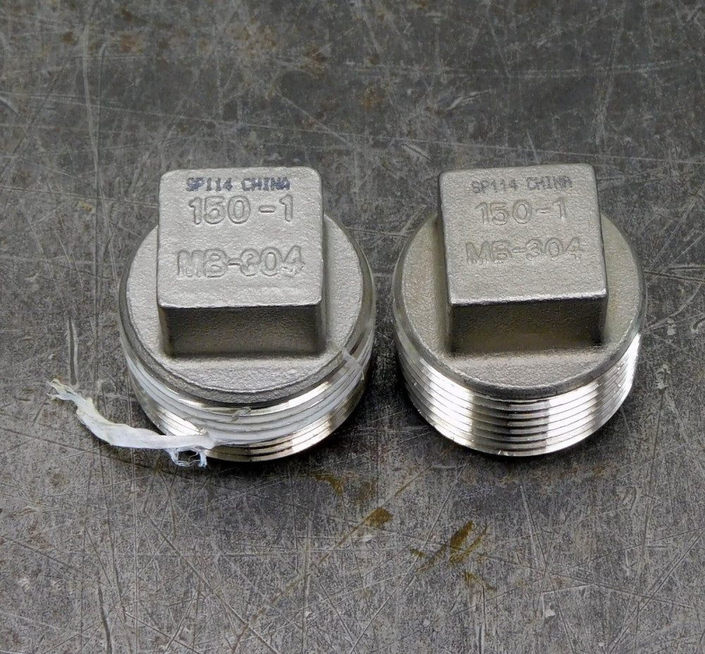 Lot of Two (2) 1" NPT Low Pressure 304SS Stainless Steel Square Head Plug 150PSI