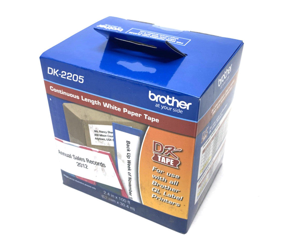 Brother DK2205 2.4in x 100ft Black on White Continuous Length Paper Tape DK-2205