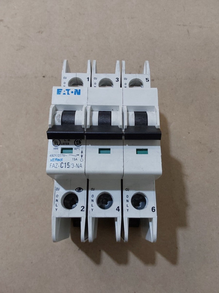 Eaton FAZ-C15/3-NA Miniature Circuit Breaker 15A 3P 480/277V Din Rail Mount Used