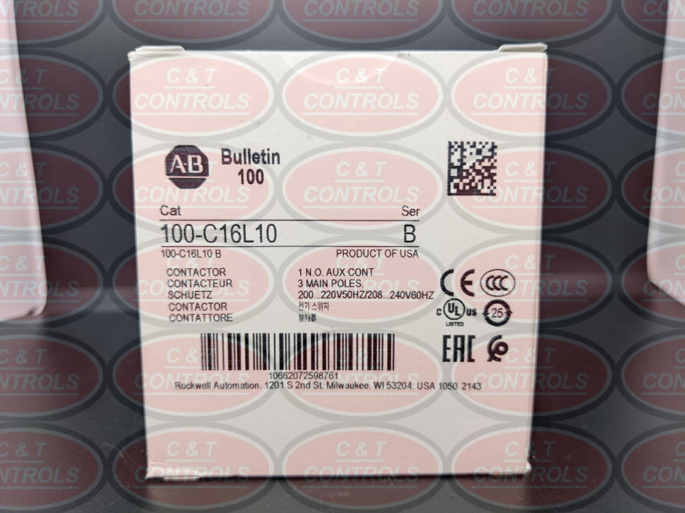 Allen Bradley 100-C16L10 Contactor 208-240V 60Hz 16A 1 N.O. Aux Contact NIB