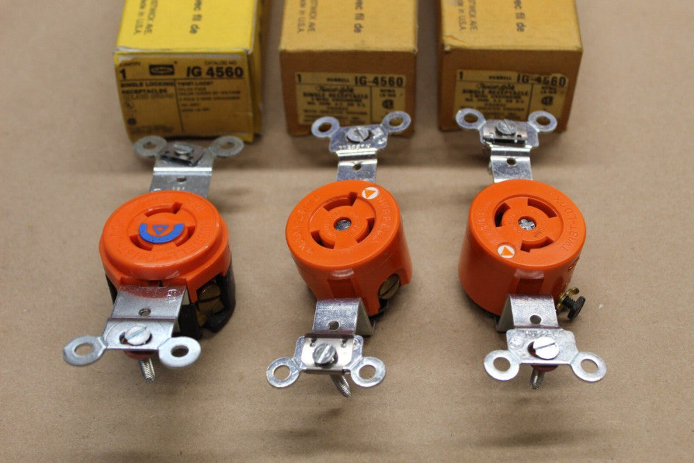 NOS Lot of 3 Hubbell IG 4560 Orange Twist Lock Single Receptacles 15A 250V AC/DC