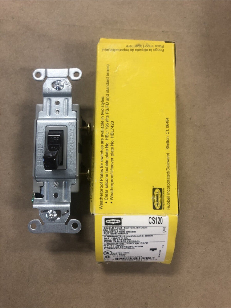 Hubbell CS120 AC Toggle Switch - 20A-120-277Vb - Single Pole - Brown G8