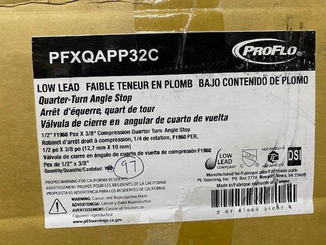 (97 Pack) PROFLO 1/2''  x 3/8'' PFX1APP32C Quarter turn Angle Stop Lever