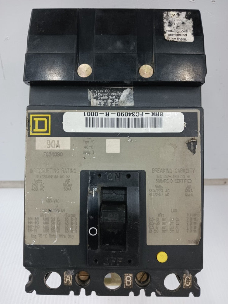 Square D 90 Amp I-Line Circuit Breaker 3 Pole 480 VAC 65kA FC34090