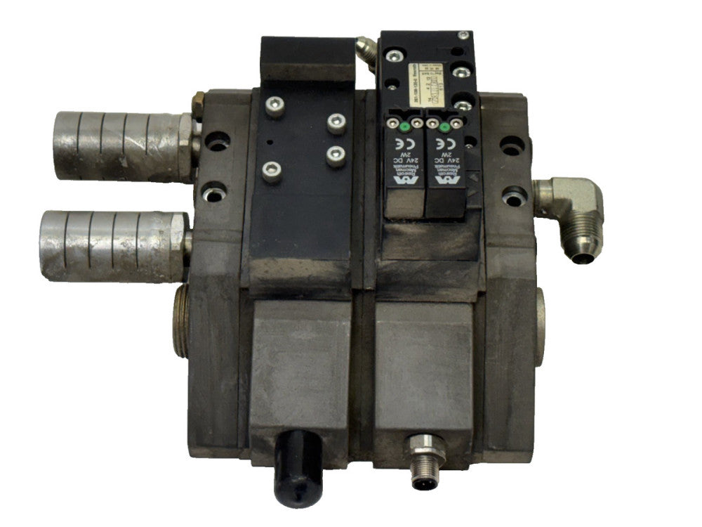 REXROTH 261-108-120-0 PNEUMATIC VALVE UNIT W/2 24V COILS &PARKER EXHAUST MUFFLER