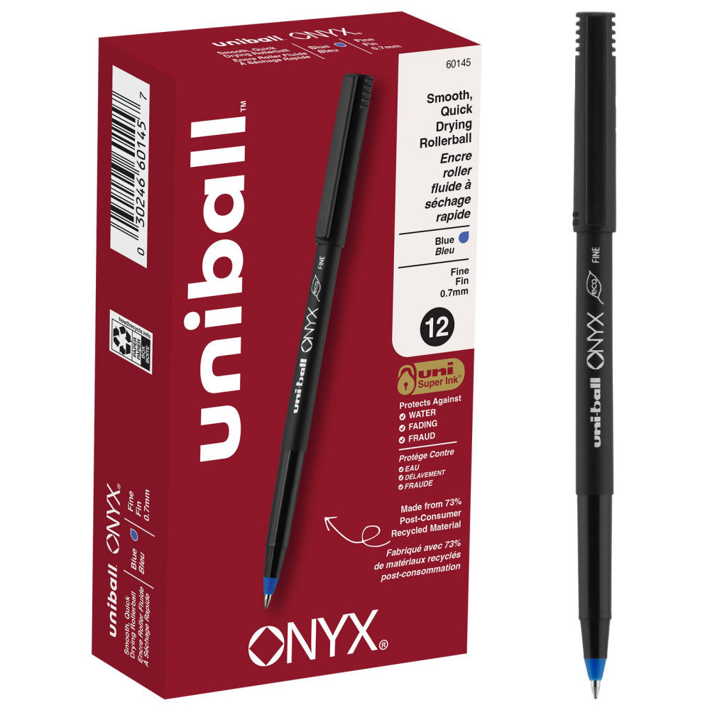 uni-ball Onyx Rollerball Pens, Fine Point, 0.7 mm, Black Barrel, Blue Ink, Pac