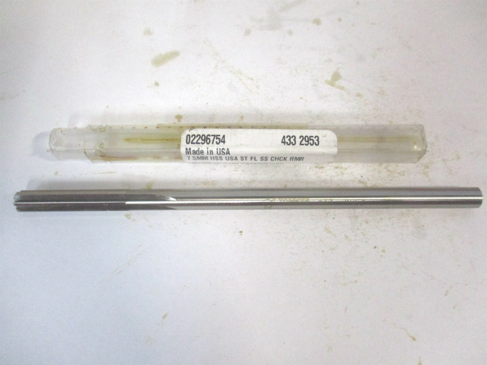 (433-0.2953) 7.5mm x 1-1/2" x 6" OAL 6-Flute Straight Shank HSS Chucking Reamer 