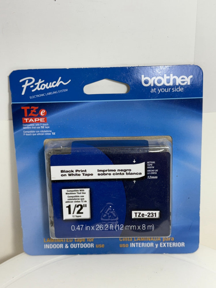 Brother P-Touch Labeler TZe Tape TZe-231 Black Print on White Tape 1/2" 12mm