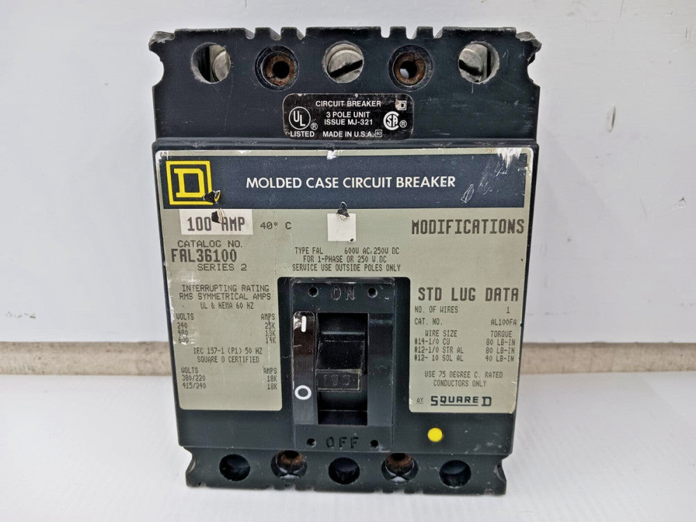 SQUARE D 100 AMP CIRCUIT BREAKER 3 POLE 600 VAC / 250 VDC 18kA FAL36100 (FLAW)