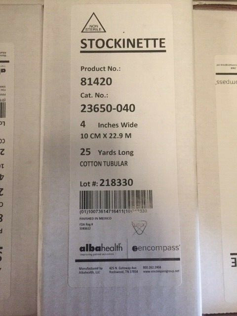 (1) ALBAHEALTH Cotton Tubular Stockinette 4" Wide 25 Yards Long 23650-040 (NEW)