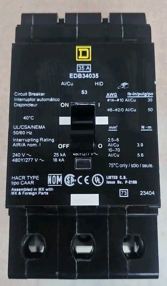 NEW SQUARE D NT EDB34035 EDB 3 POLE 35AMP 480v CIRCUIT BREAKER