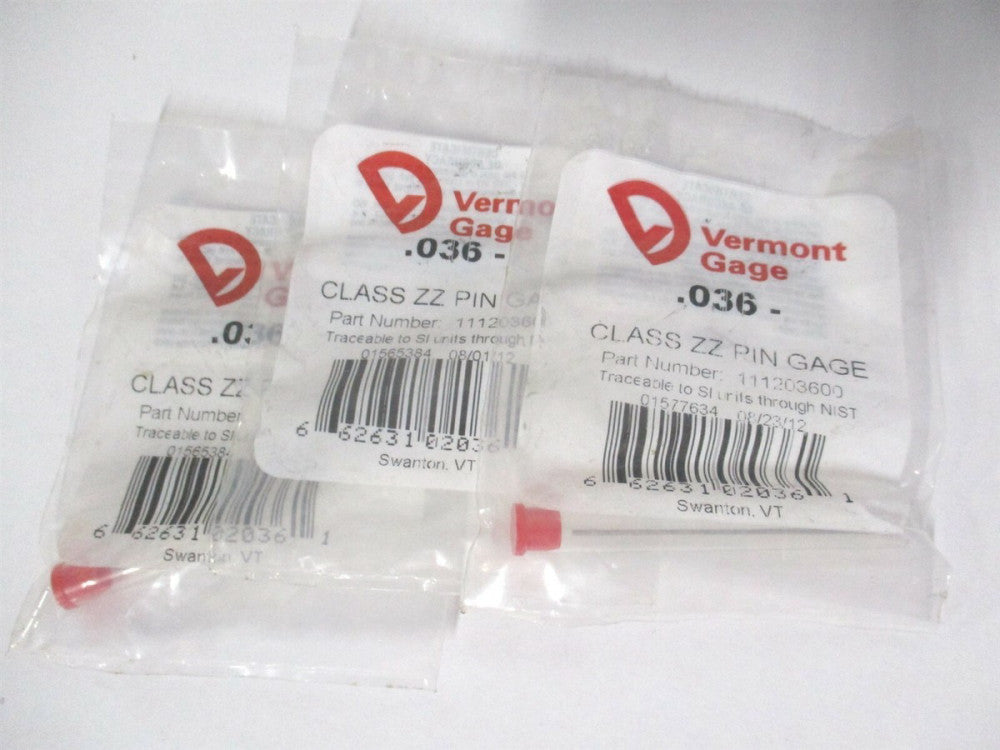 Vermont Gage (111203600) 0.036" Diam Class ZZ Minus Plug & Pin Gage - Lot of 3