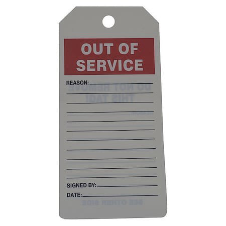 Zoro Select 43Z230 Tag, Out Of Service, Pvc, 6 1/4 In H X 3 In W, White,