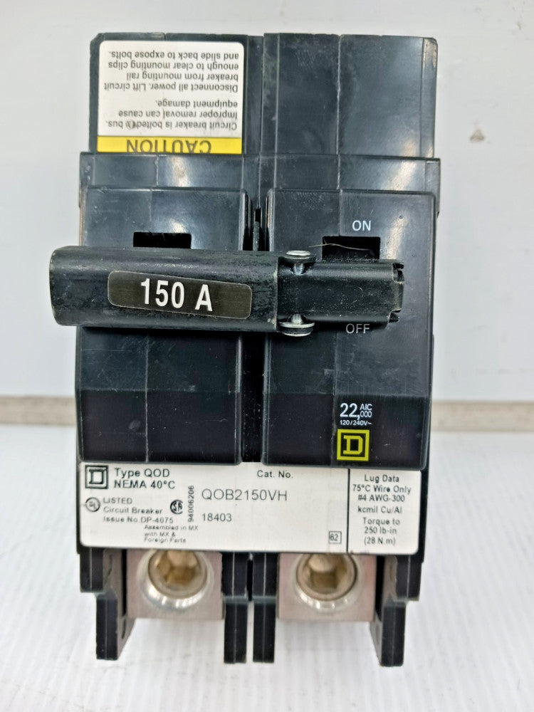 Square D 150 Amp Bolt-On Circuit Breaker 2 Pole 120/240 VAC 22kA QOB2150VH