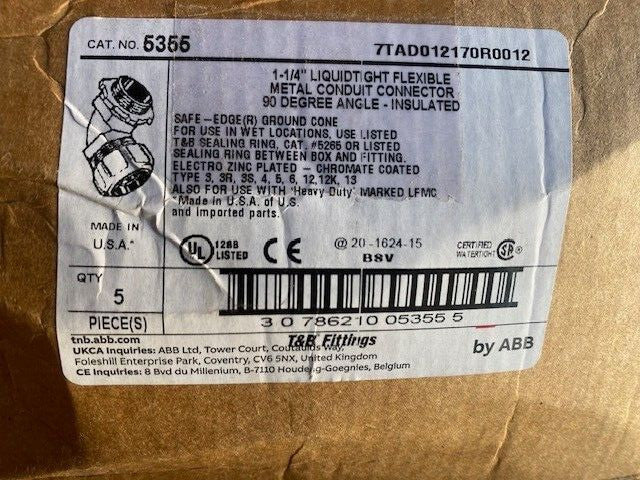 (5 PACK) Thomas & Betts 5355 Conduit Connector 90º Liquid tight Connector