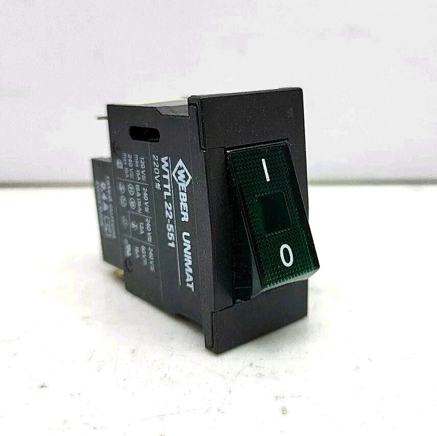 Weber Unimat WTTL22-551 Rocker Switch Full Size 220 Vac 0.4A Green Button Used