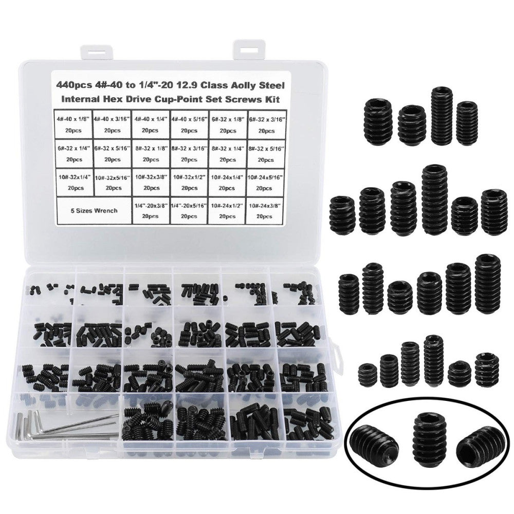 HanTof 440Pcs 22 Sizes,4#-40 to 1/4"-20 Standard SAE Allen Head Socket Hex Gr...