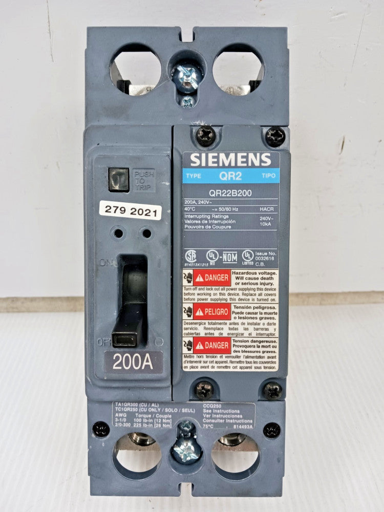 New Siemens 200 Amp Circuit Breaker 2 Pole 240 VAC 10kA QR22B200