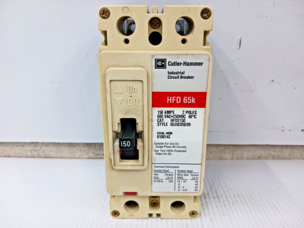 Cutler Hammer 150 Amp Circuit Breaker 2 Pole 600 VAC / 250 VDC 65kA HFD2150