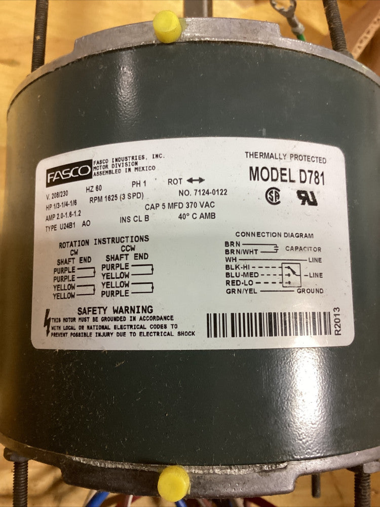 FASCO D781 HP-1/3-1/4-1/6 VOLTS-208-230 RPM-1625/3SPD AMPS-2.0-1.6-1.2 G56