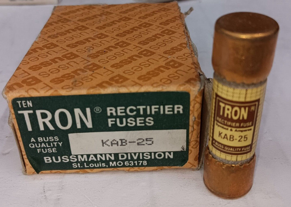 BOX OF 10) NEW BUSSMAN 25 AMP TEN-TRON RECTIFIER FUSE 250 VAC KAB25