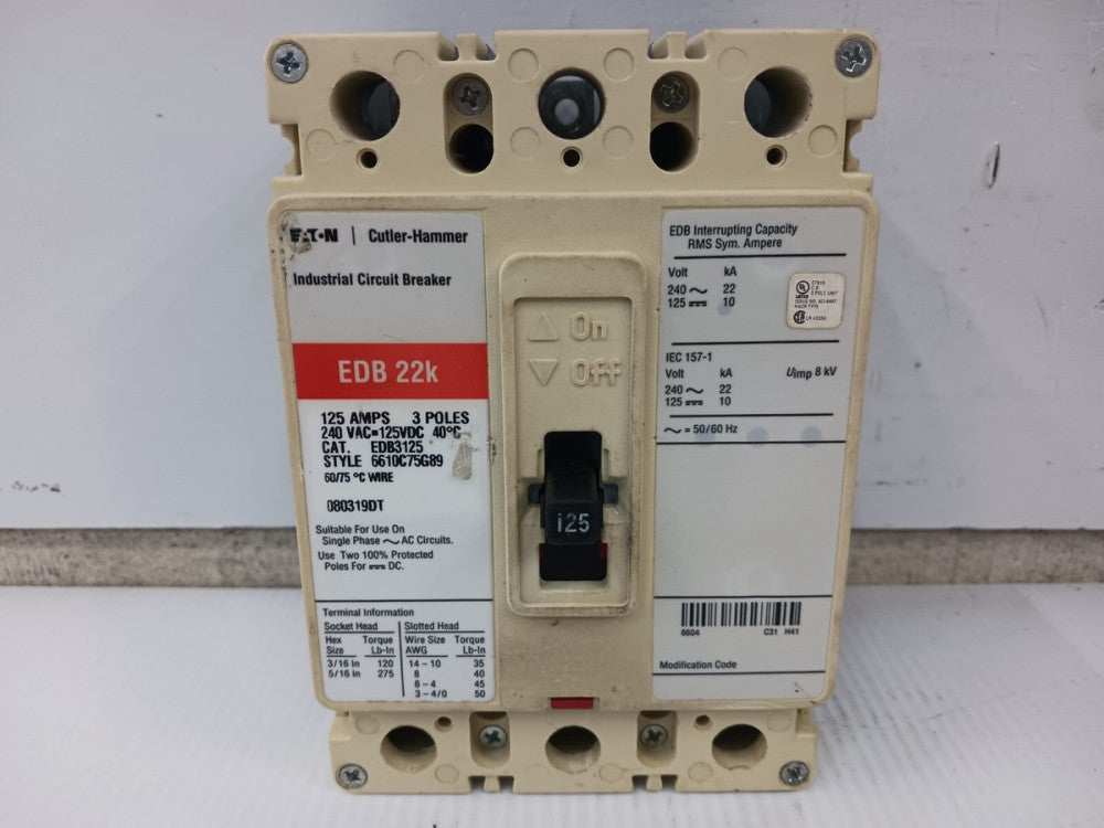 Eaton Cutler Hammer 125 Amp Circuit Breaker 3 Pole 240 VAC/125 VDC 22kA EDB3125