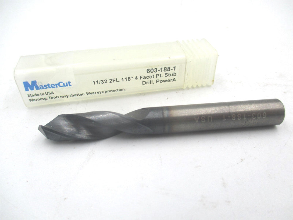 Mastercut (603-188-1) 11/32" x 1-1/4" x 3" OAL 2-Flute PowerA Stub Drill 
