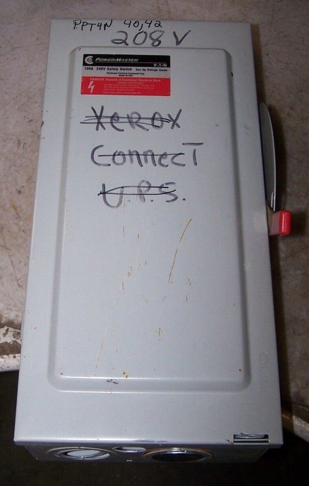 EATON 100 AMP FUSED SAFETY SWITCH 240 VAC 15 HP 1 PHASE G223SNK