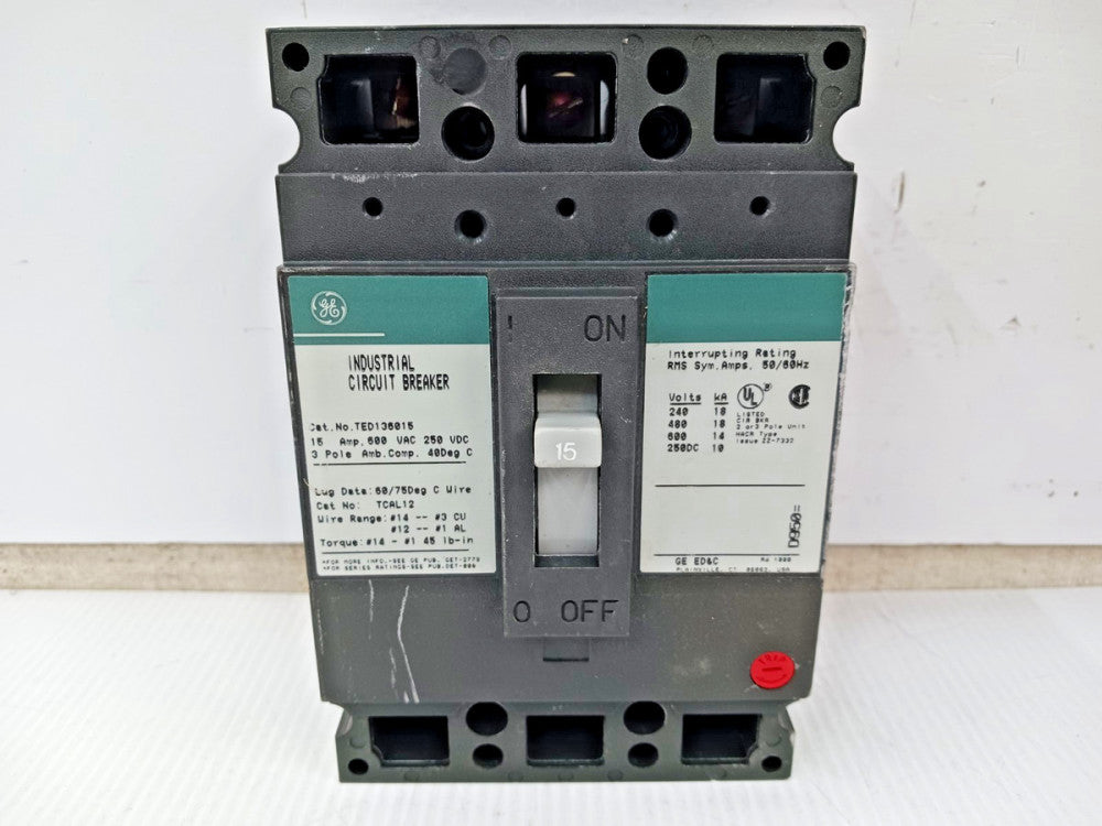 GE 15 Amp Industrial Circuit Breaker 3 Pole 600 VAC / 250 VDC 14kA TED136015