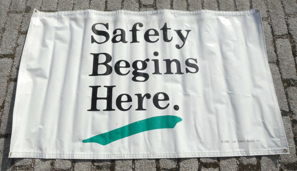 "SAFETY BEGINS HERE" Vintage vinyl 80's BANNER sign with metal grommets 3' x 5'