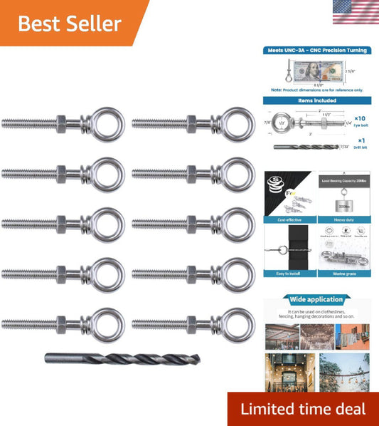 10 Pack 1/4" x 2" Eye Bolts Stainless Steel Eyebolt with Nuts Washers Threade...