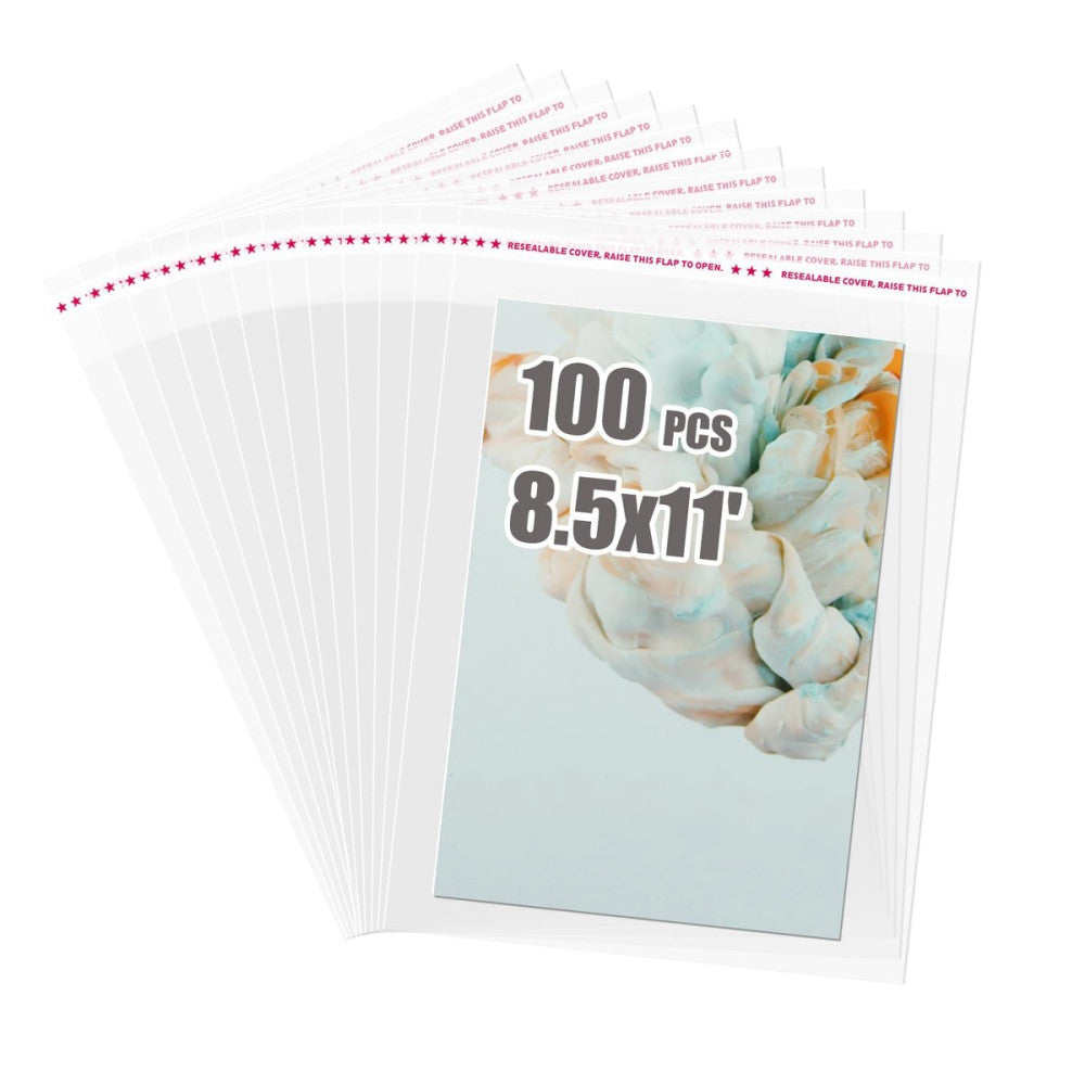 Self Sealing Cellophane Bags 100 PCS Clear Resealable Sleeves Bags for 8.5x11...