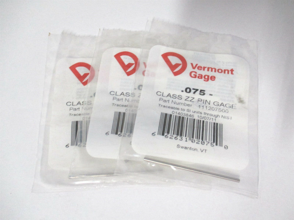 Vermont Gage (1112077500) 0.075" Diam Class ZZ Minus Plug & Pin Gage - Qty 3
