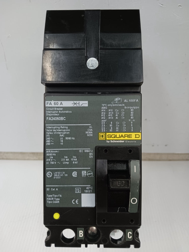Square D 60 Amp I-Line Circuit Breaker 2 Pole 480 VAC / 250 VDC 18kA FA24060BC
