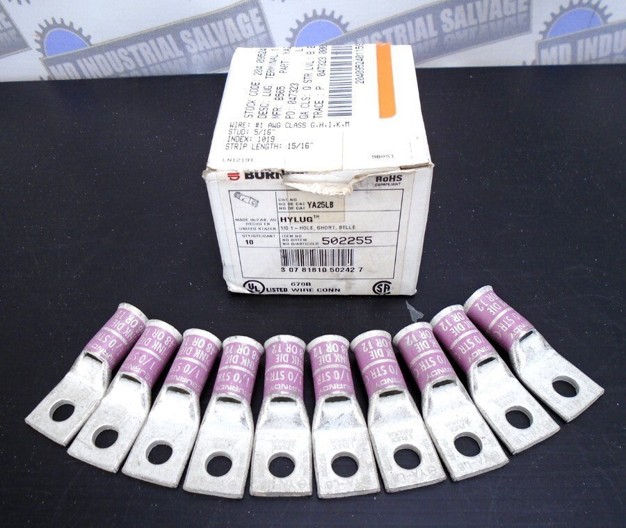 (10 Pcs) HUBBELL BURNDY - 502255 - YA25LB - 1/0, 1-Hole, Short 600V - 5/16" -NEW