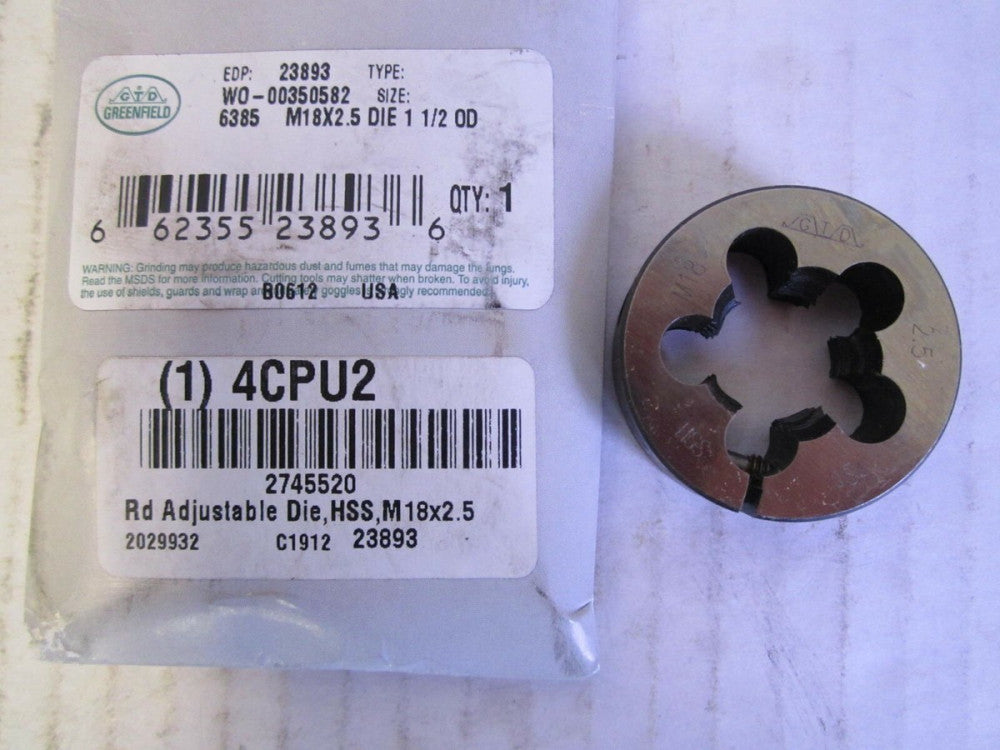 Greenfield Industries (23893) M18 x 2.5 HSS 1-1/2" OD Round Adjustable Die 